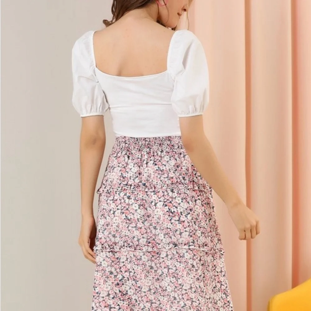 Allegra K Floral Chiffon Skirt XS - Smocked Waist & Tiered